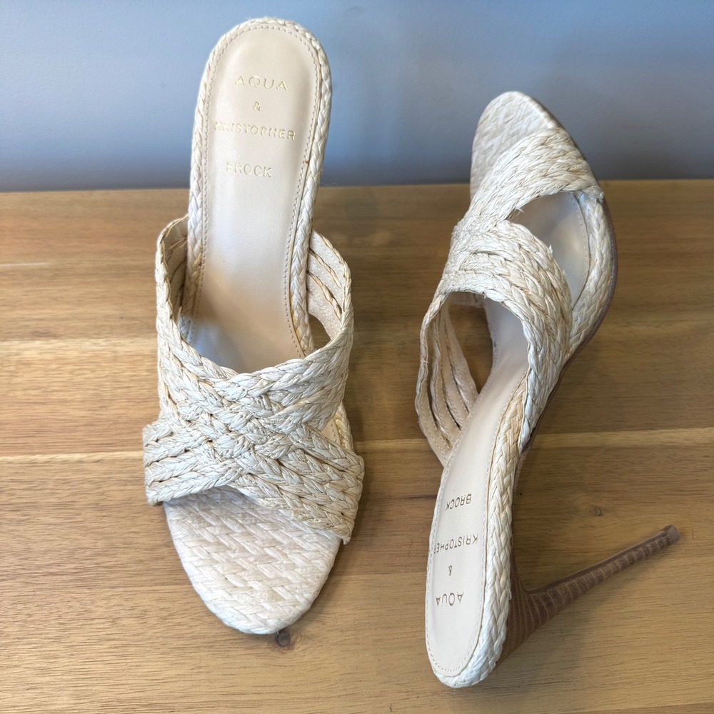 Aqua x Kristopher Brock Women 10 M Beige Cream Raffia High Heel Mule Sandals